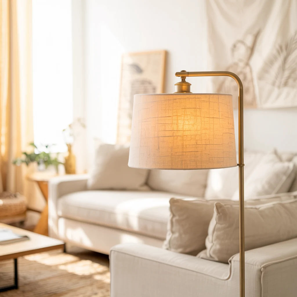 Living room with a beige sofa, floor lamp, and decorative elements.