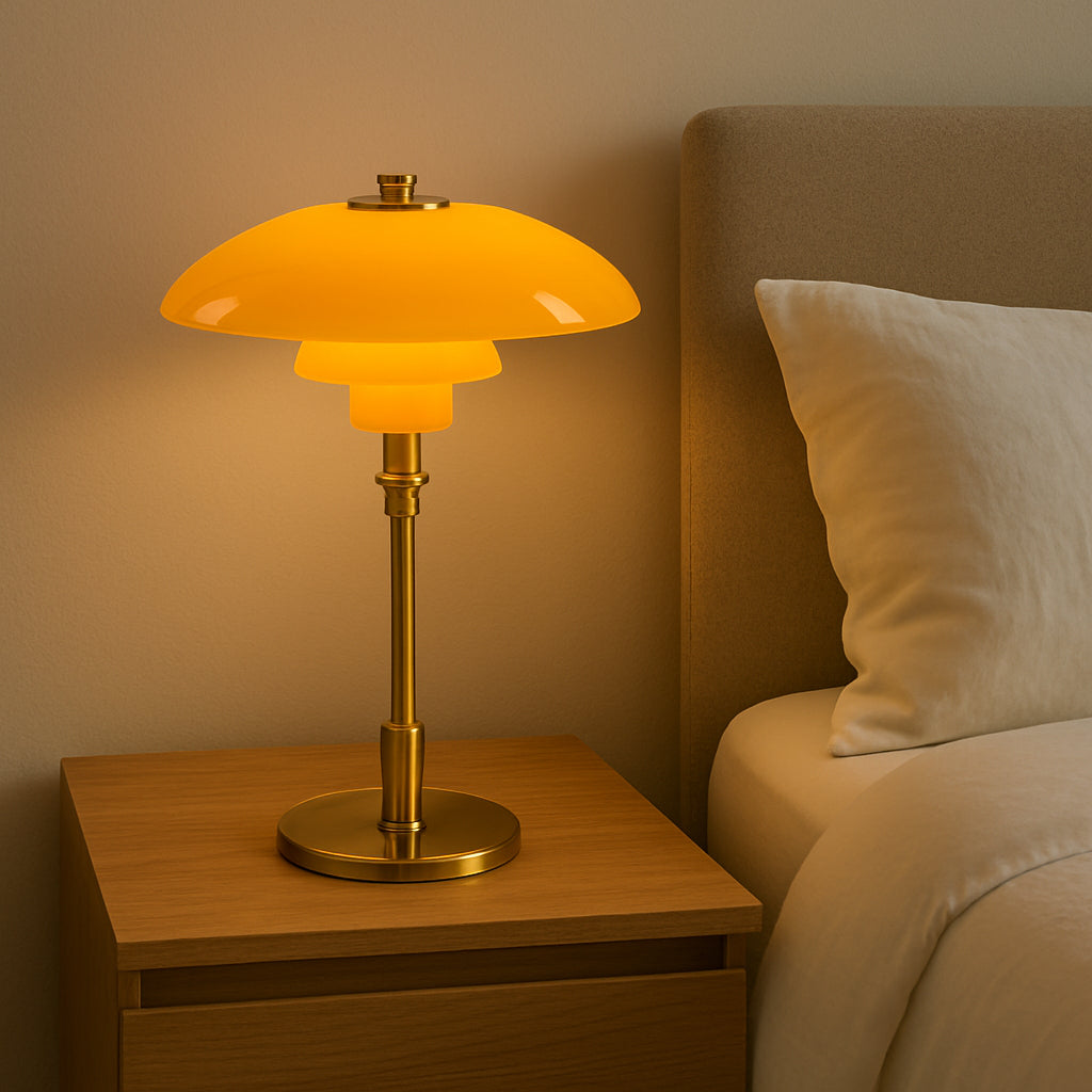 Orange table lamp on a wooden nightstand next to a bed with pillows.