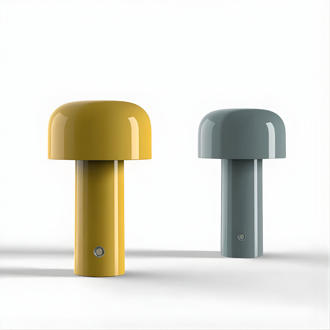 Yellow and gray cylindrical lamps on a white background