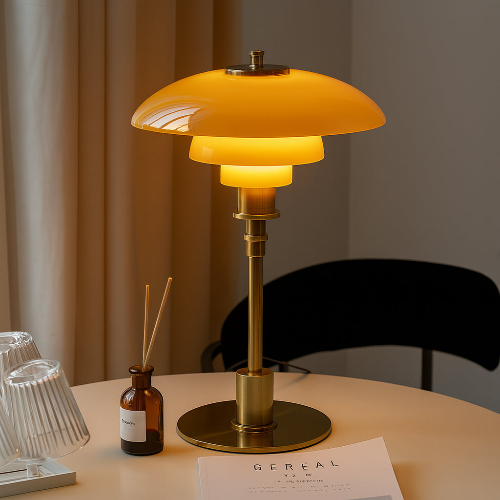 Yellow table lamp on a table with a blurred background
