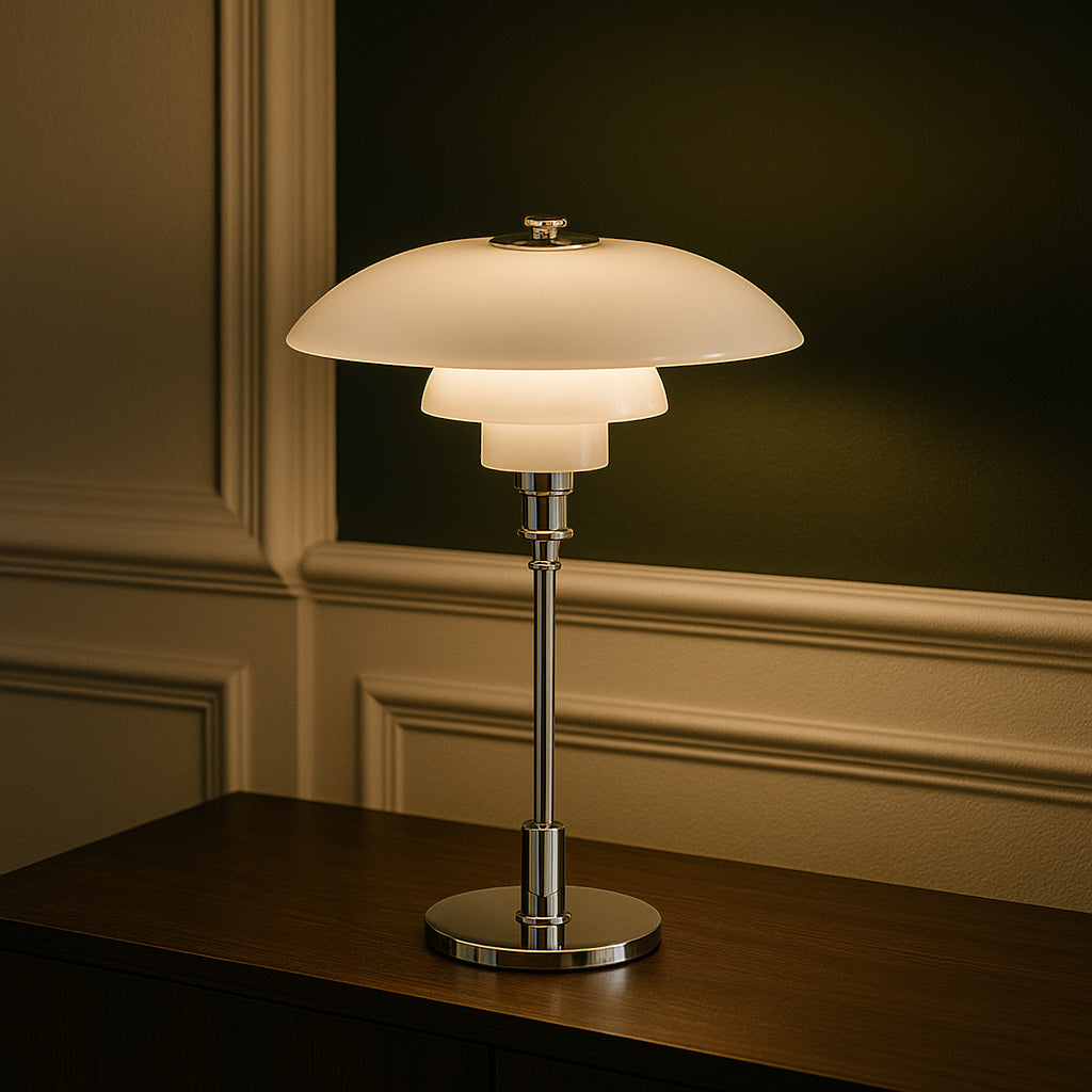 Table lamp with glass shade on a wooden surface against a dark wall.