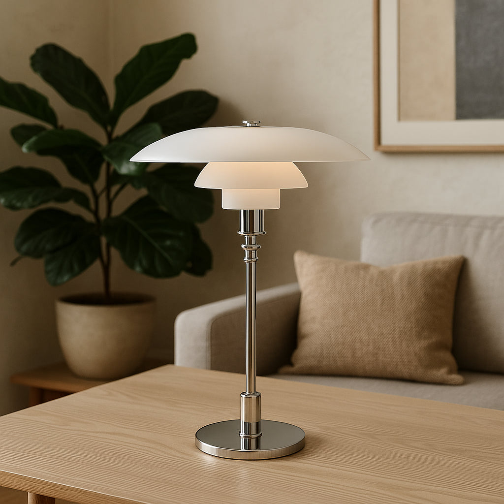 Modern table lamp on a wooden surface with a plant and sofa in the background