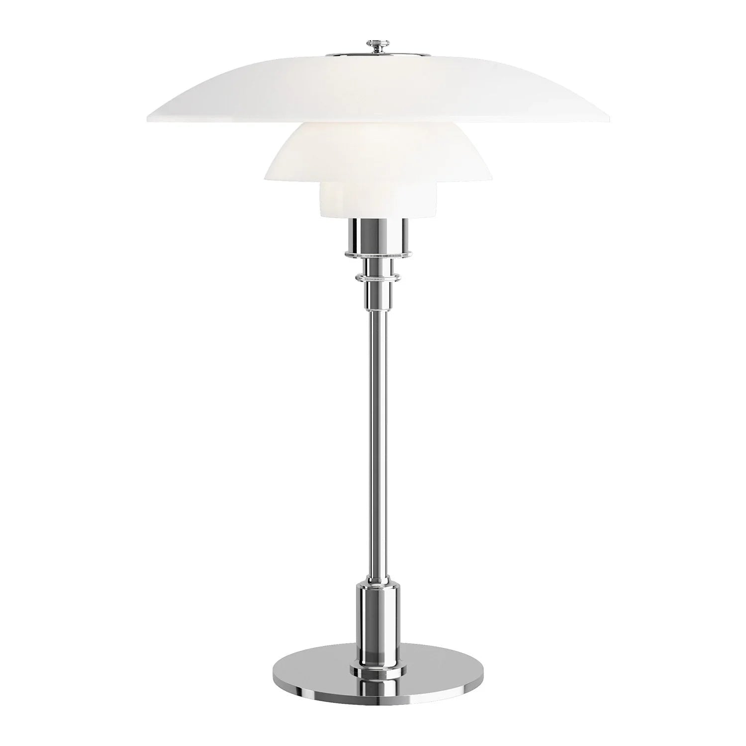 Table lamp with white glass shade and chrome base on a white background